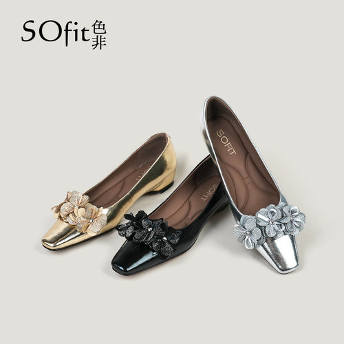 SOfit/色非方头蝴蝶结水钻浅口单鞋百搭通勤气质玛丽珍女鞋