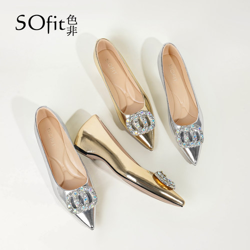 SOfit/色非时尚水钻尖头浅口百搭气质通勤单鞋一脚蹬低跟女鞋