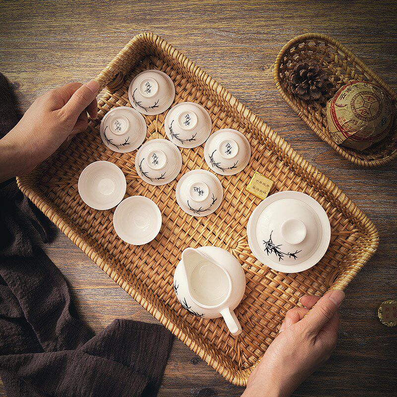 藤编托盘长方形餐具茶杯水杯茶具用品早餐面包收纳筐餐盘水果盘子