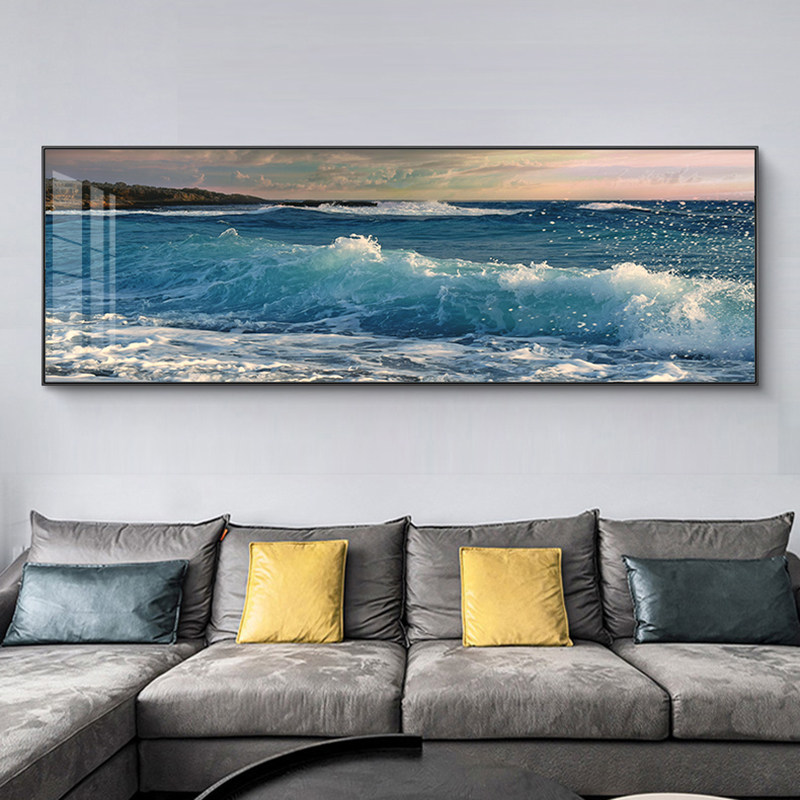 蓝色风景大海浪花客厅沙发背景墙画横版装饰画卧室书房挂画水晶画