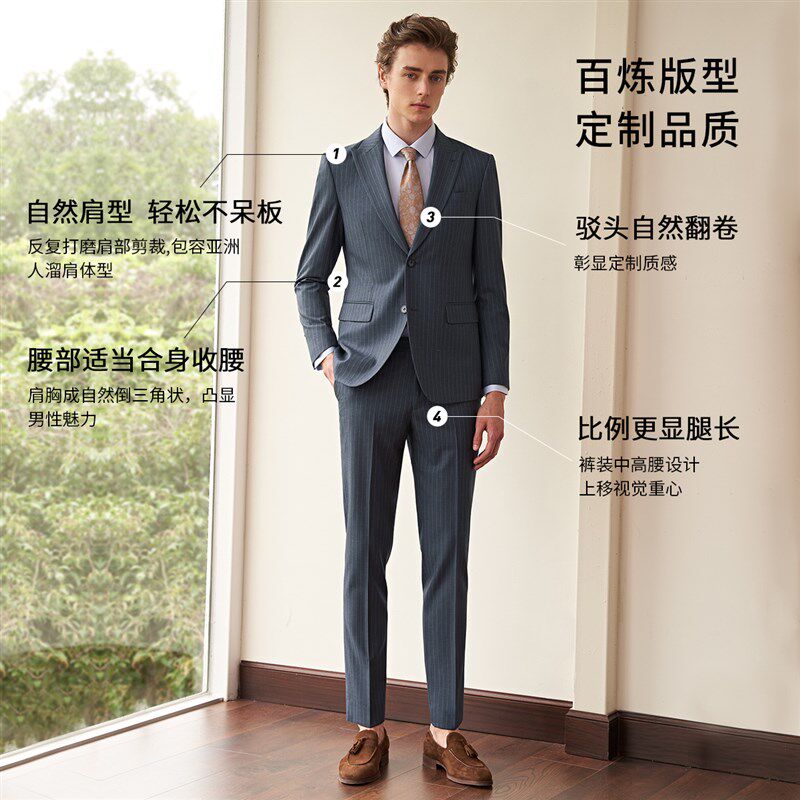 吉约蒙羊毛西服套装男灰色条纹新郎结婚礼服商务正装修身西装外套