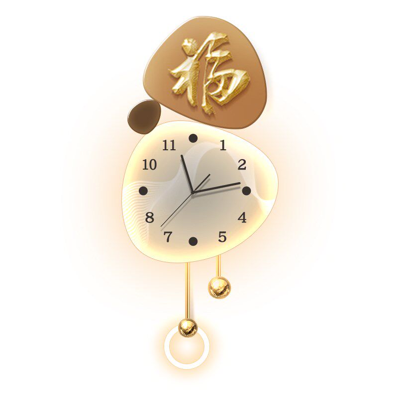 石来运转客厅钟表挂钟高级感格栅电视背景墙壁灯立体福字时钟挂墙