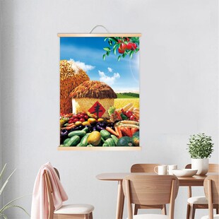五谷丰登竖版装饰画麦子稻谷丰收画田园风景天地实木卷轴餐厅画