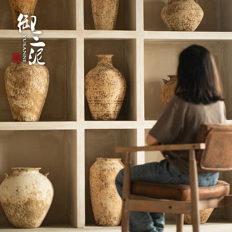 高级感装饰墙格子手工粗陶花器陶罐花瓶手作复古侘寂风摆件罐子