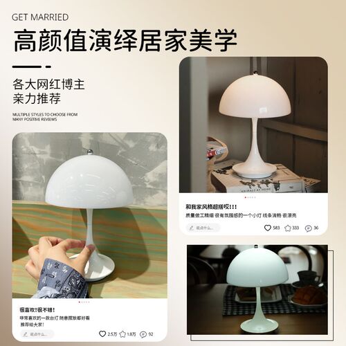奶油风室内简约装饰台灯床头灯蘑菇台灯可爱少女卧室氛围灯样板间