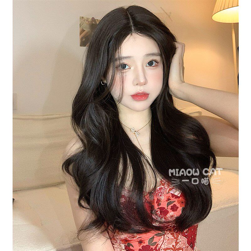 一口喵女长发无痕自然大卷中分前蕾丝手织网红八字刘海全头套假发