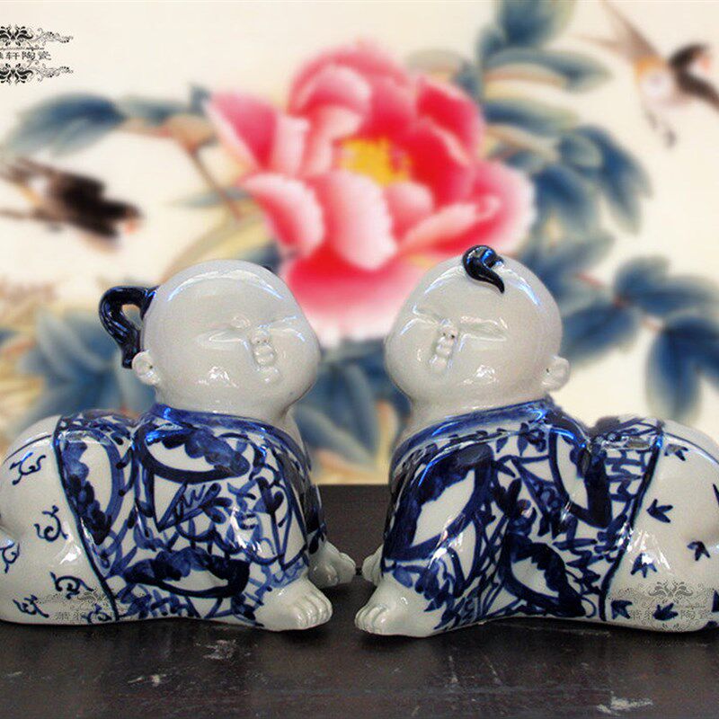 手做瓷 景德镇青花雕塑陶瓷娃娃一对新中式家居饰品摆件结婚礼物