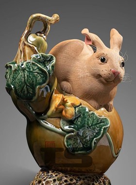 福禄葫芦吉祥生肖兔子陶瓷工艺石湾公仔公司家居中式饰柜客厅摆件