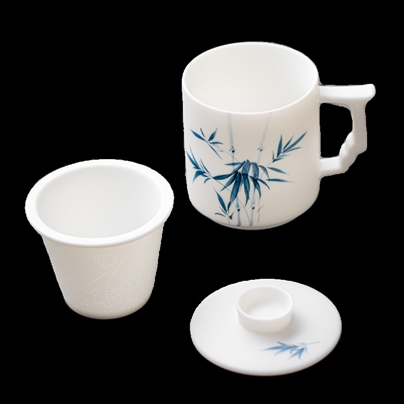 羊脂玉素烧手绘泡茶杯茶水分离杯办公杯白瓷办公室水杯带过滤定制