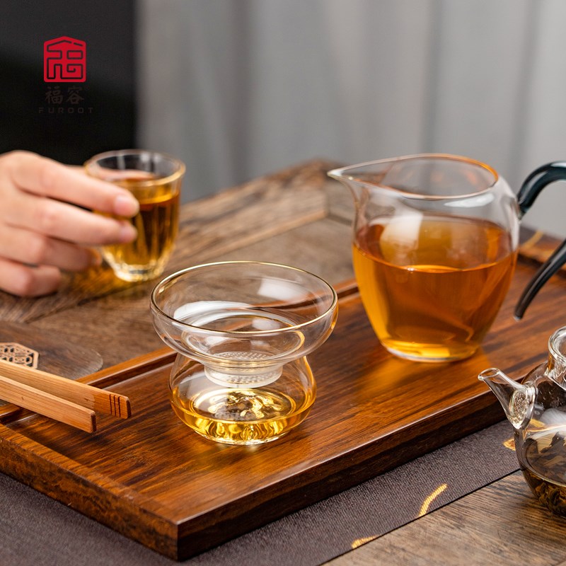 福容望岳茶滤套组 手工高硼硅耐热玻璃茶漏 茶水分离过滤器