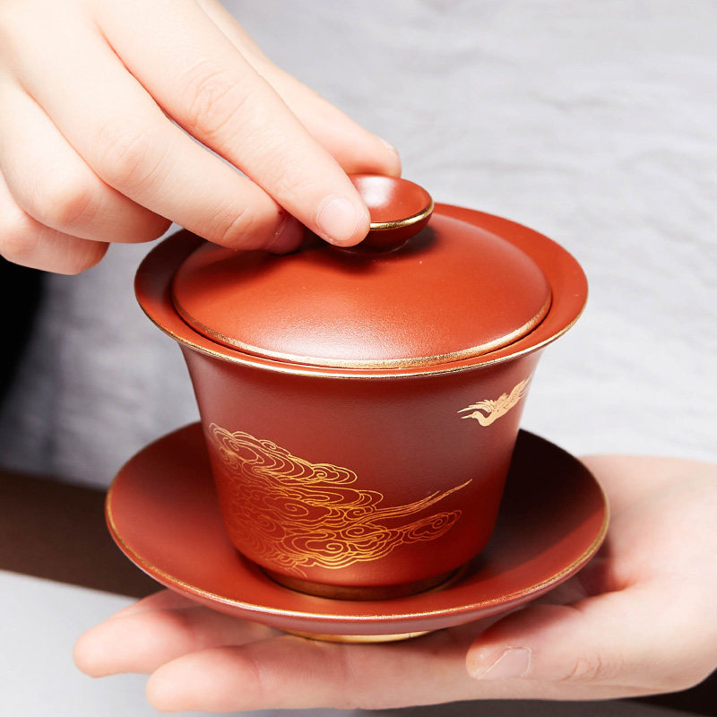 宜兴紫砂三才杯盖碗日式泡茶杯茶碗带盖单个防烫陶瓷功夫茶具套装