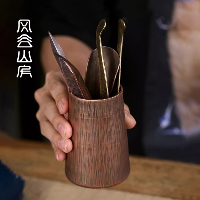 手工铜制茶夹三件套茶筒茶针茶拨茶则茶道配件六君子茶具收纳
