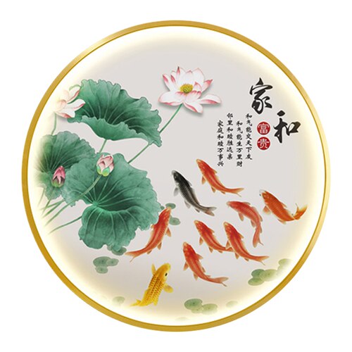圆形九鱼图客厅玄关装饰画新中式荷花感应发光带灯画入户餐厅定做