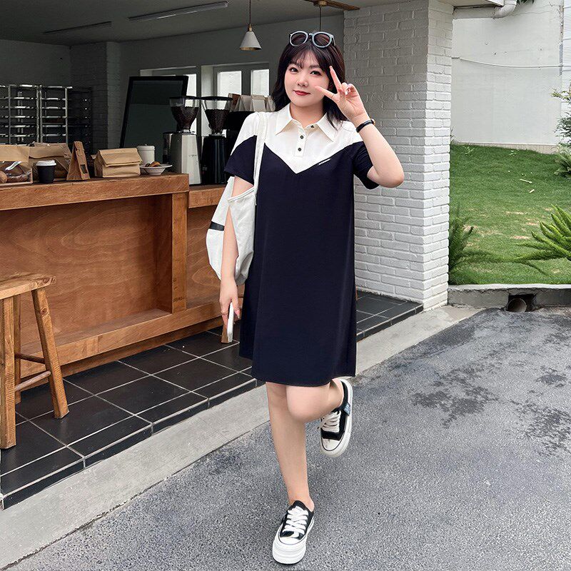 2023夏装新款大码女装显瘦妹妹胖MM连衣裙假两件拼接短袖A字裙子