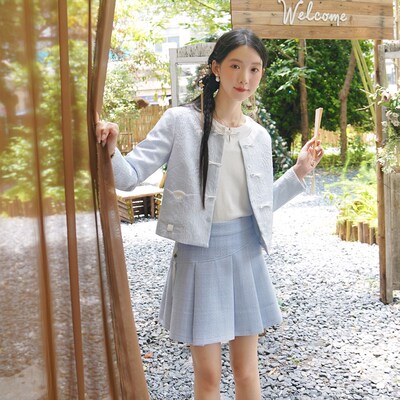 ATAR甜美流苏编织呢A字百褶半身裙 2024秋冬装高腰学院风jk短裙子