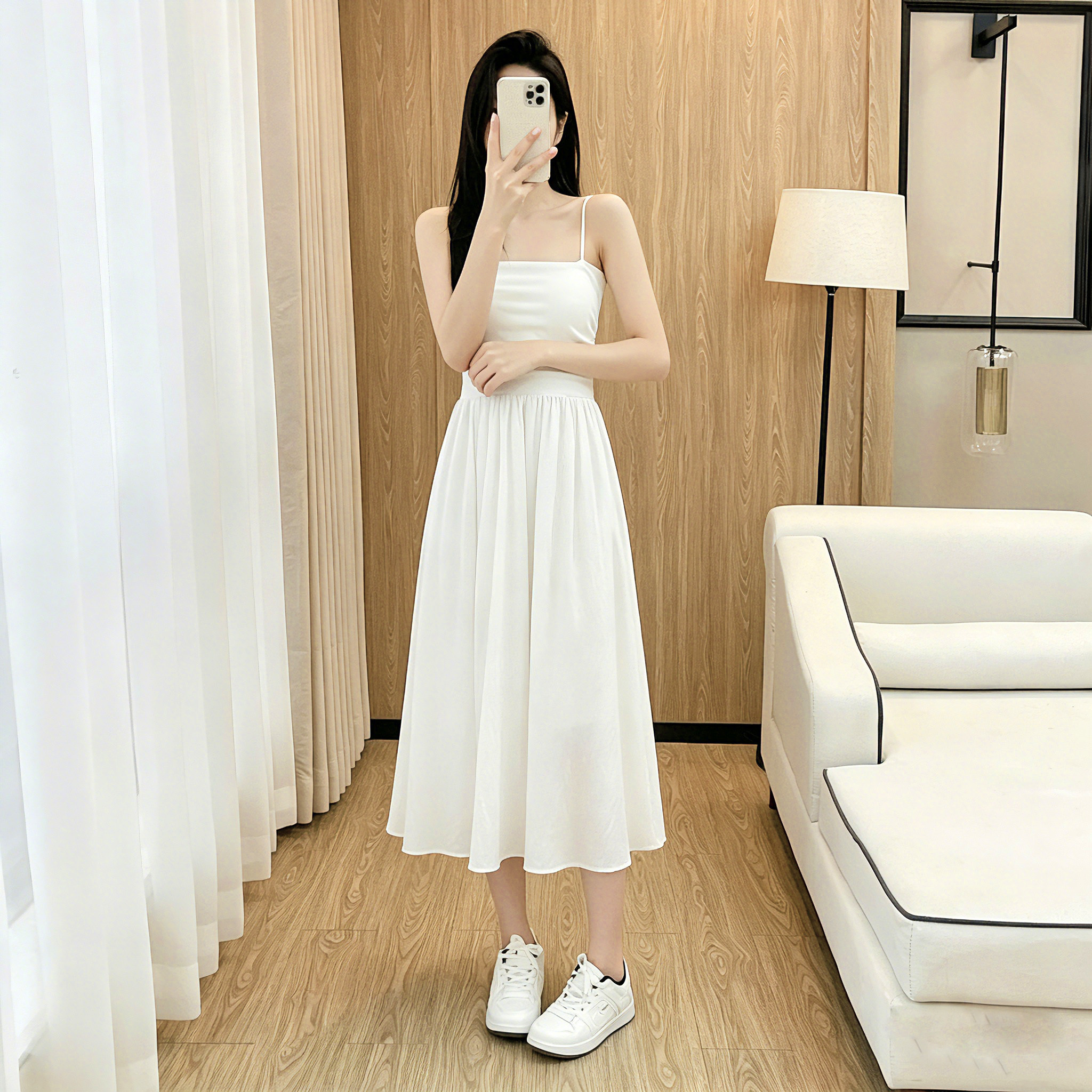 纯欲小个子长裙夏季法式吊带裙女收腰遮肚白色仙女连衣裙中长款