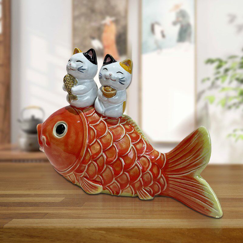 招才锦鲤家居中秋电视柜创意陶瓷小摆件博古柜展柜玄关柜石湾公仔