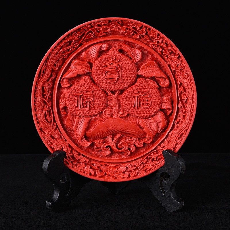 包邮扬州漆器厂脱胎剔红雕漆福字盘摆件特色单位纪念品送老外礼物