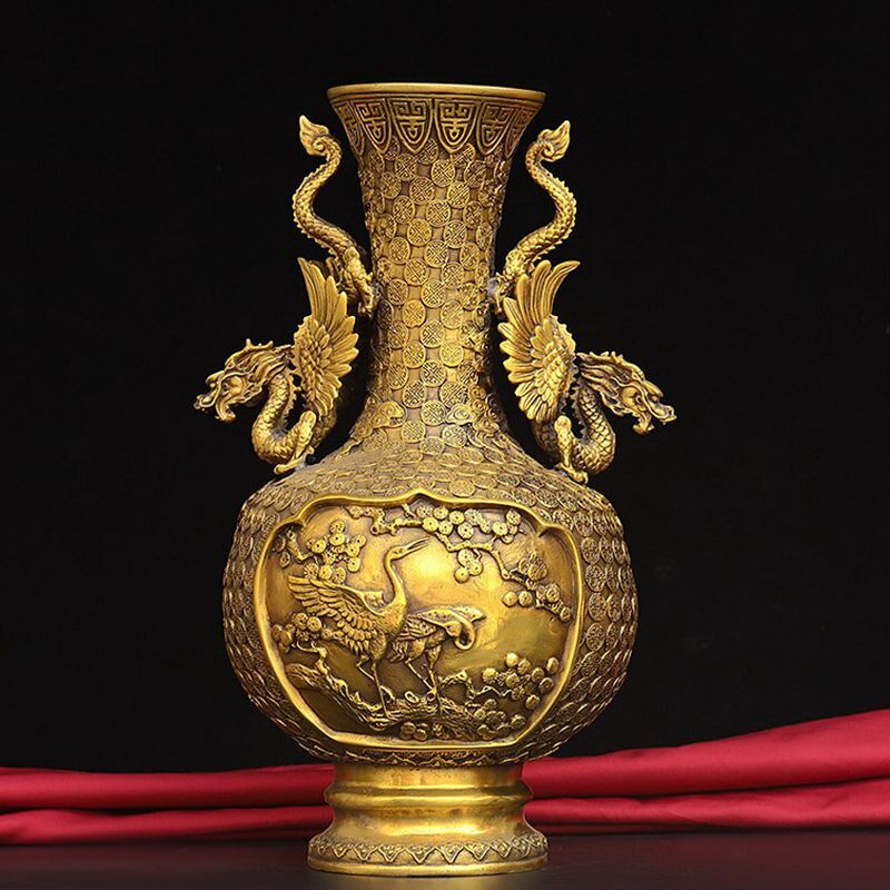 纯铜龙凤仙鹤花瓶一对黄铜干花瓶工艺品家居办公室吧台装饰摆件
