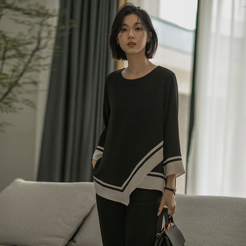 无谓韩式文艺2024秋季新款女装九分袖宽松设计感撞色雪纺衫女上衣