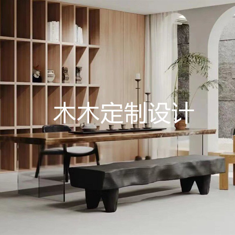 诧寂风实木碳化黑色长条凳设计师创意长凳民宿展厅原木换鞋凳