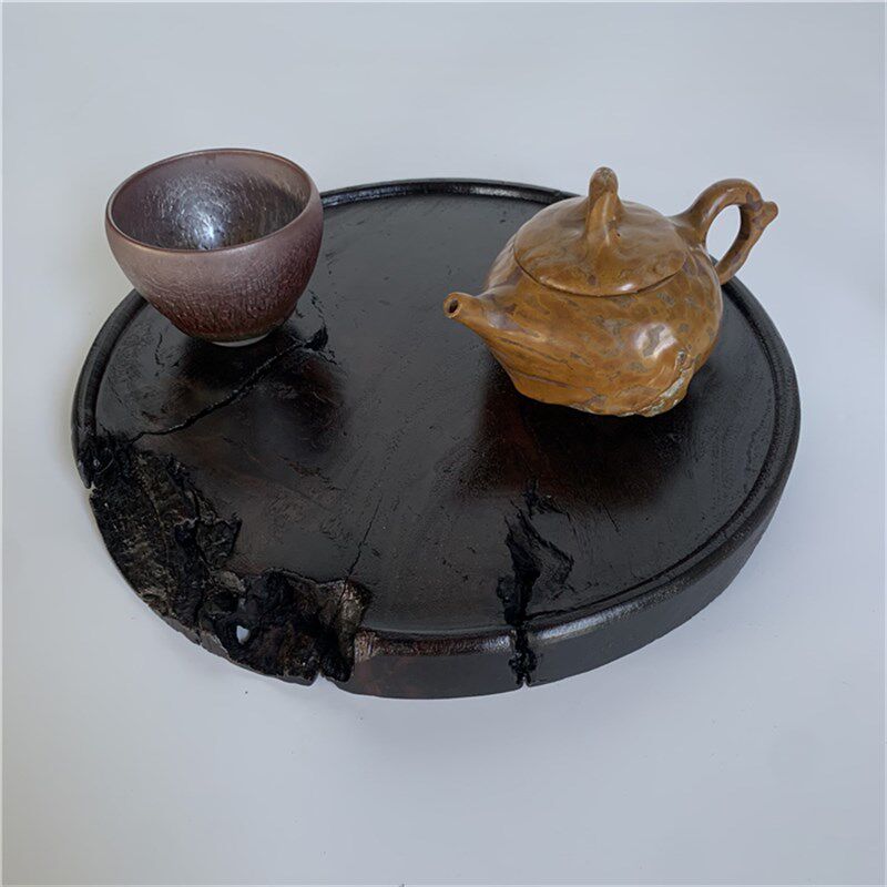 实木乌木阴沉木生大漆圆形干泡壶承中日式侘寂风茶道收纳盘茶托盘