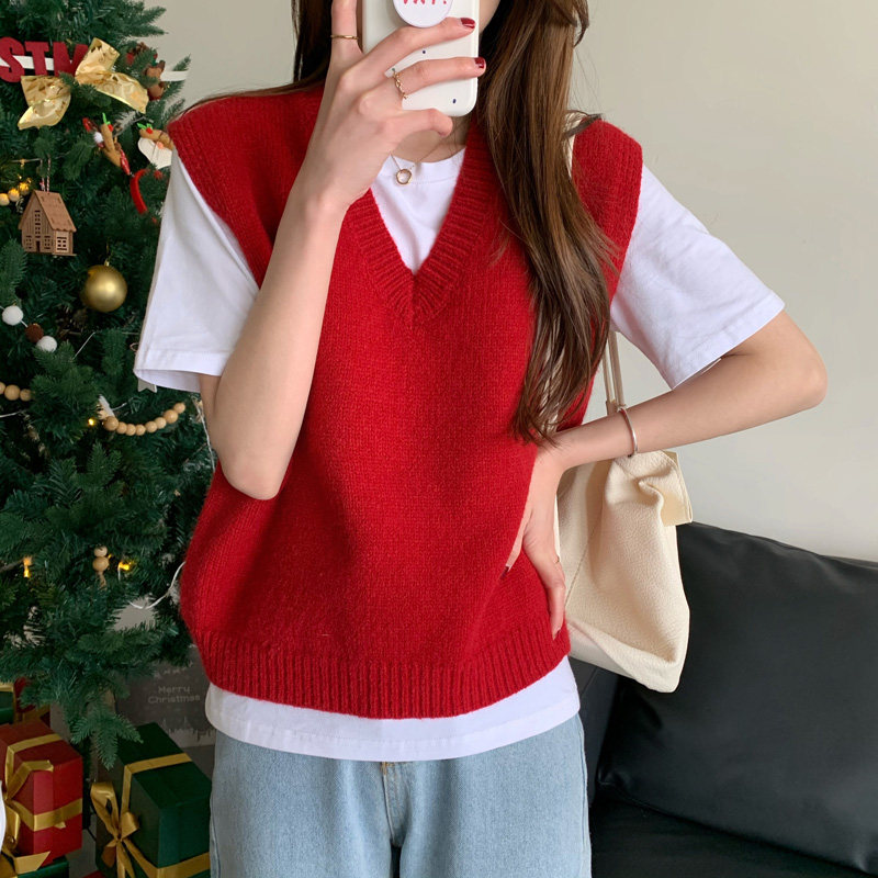 圣诞节大红色无袖毛衣背心针织马甲女秋冬2022新款V领学院风外穿