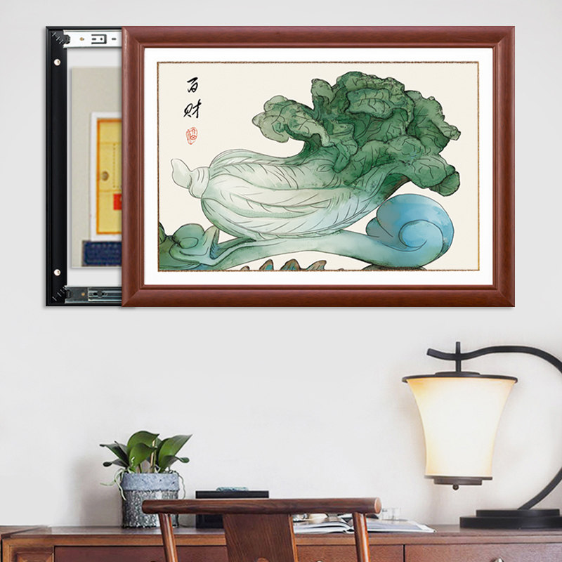 新中式实木配电箱装饰画推拉电表箱画挡电箱画牡丹挂画电闸画液压