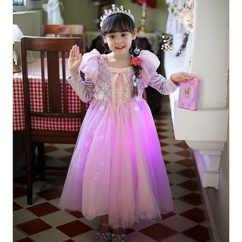 发光长发公主裙女童长袖高端礼服万圣节儿童乐佩连衣裙小孩演出服