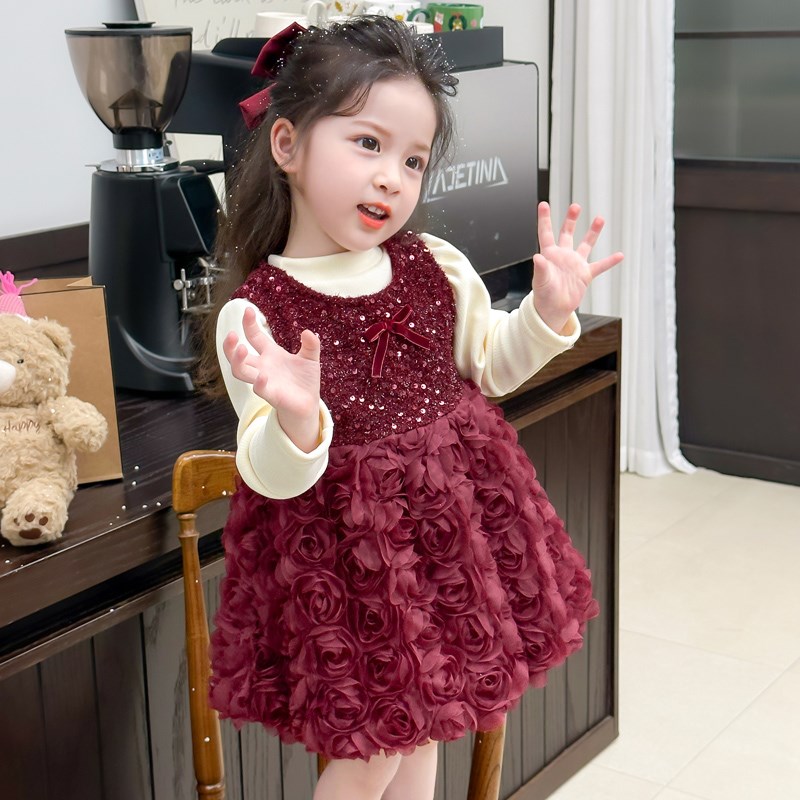 女童连衣裙秋冬季2025新款女宝宝加绒加厚套装裙新年红色公主裙子