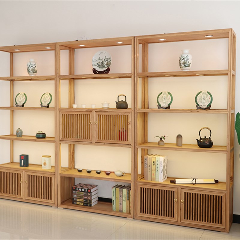 新中式 展示架茶叶架子置物架茶柜实木茶柜子展示柜 落地茶叶店饼