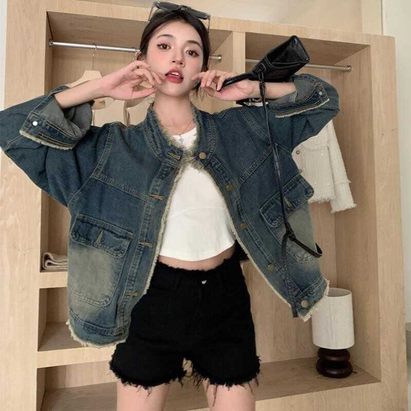 港味复古毛边大口袋牛仔外套女秋季新款宽松显瘦气质上衣立领夹克