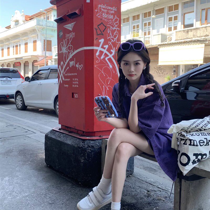XIAOANQI美式街头牛仔短袖外套半身裙套装复古港风裙子紫色a字女