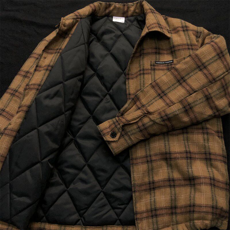 复古黄色格子棉服男款冬季薄棉男生冬天外套男冬超好看衬衫棉衣潮