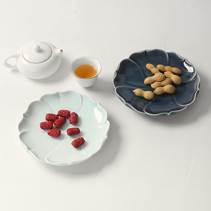 家用果盘创意莲花碟子陶瓷茶点盘复古点心糕点托盘水果甜品零食碗