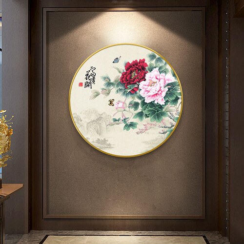 网红花开富贵圆形挂画新中式牡丹花入户玄关装饰画客厅茶室背景墙