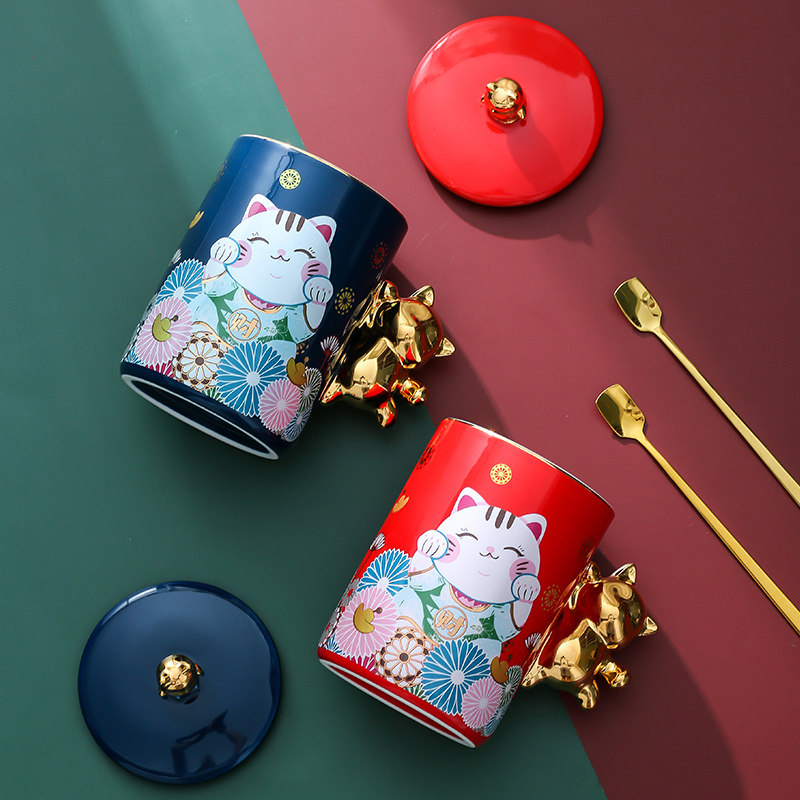 创意中国风杯子陶瓷招财猫大容量国潮马克杯咖啡杯情侣水杯带盖勺