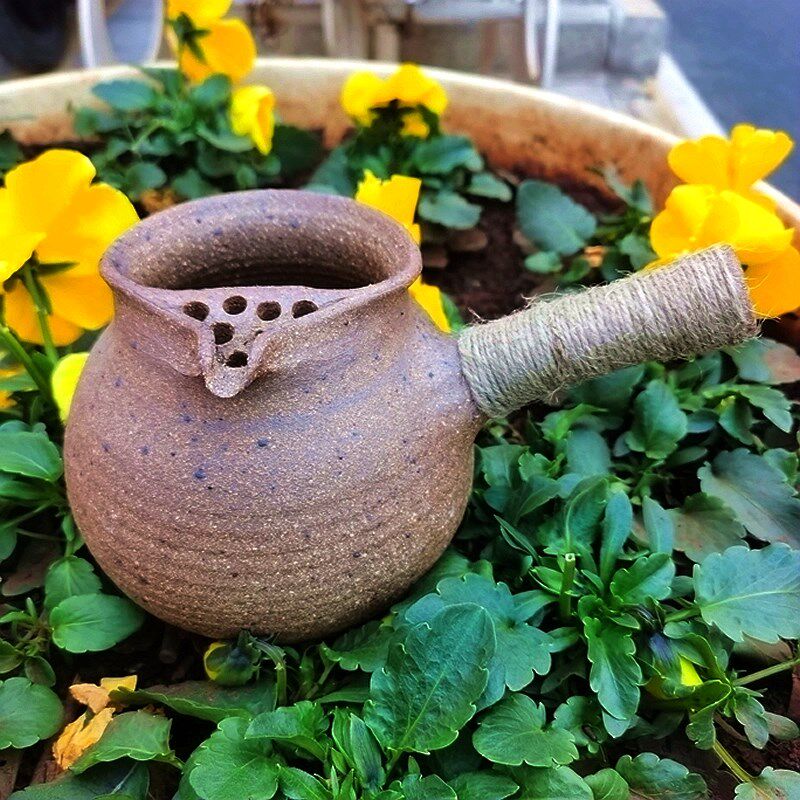 云南粗陶烤茶罐全手工柴烧炕茶器煮茶罐大理土陶茶具侧把网眼复古