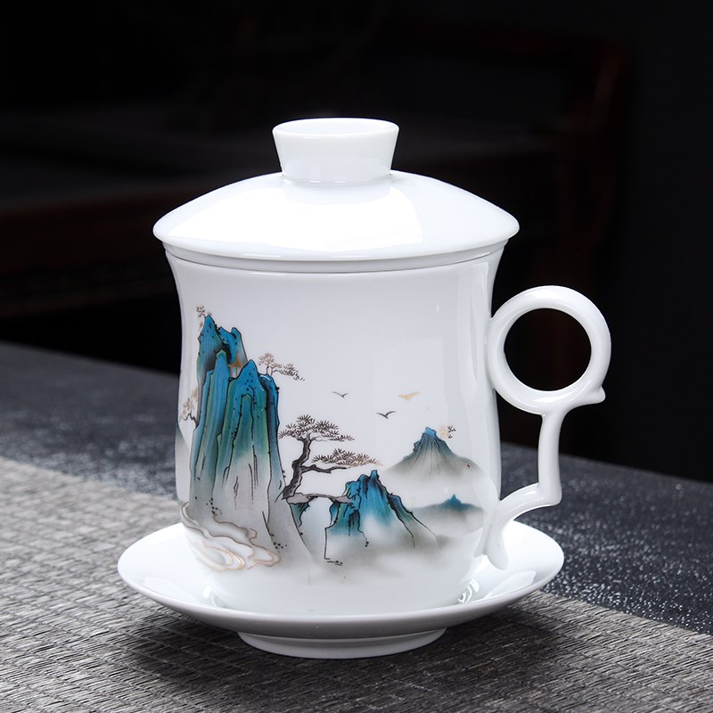 羊脂白瓷办公杯带碟子四件套带过滤泡茶杯公司活动LOGO定制伴手礼