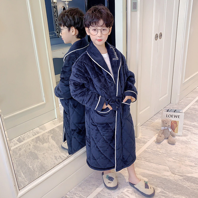 儿童睡袍秋冬季珊瑚绒加厚款三层夹棉男童孩睡衣藏青绣花保暖浴袍