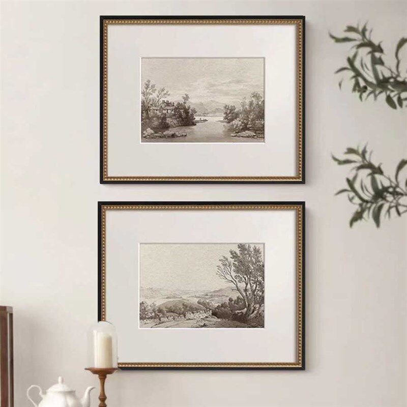 风景素描版画法式黑白复古客厅装饰画美式中古风餐厅玄关走廊挂画