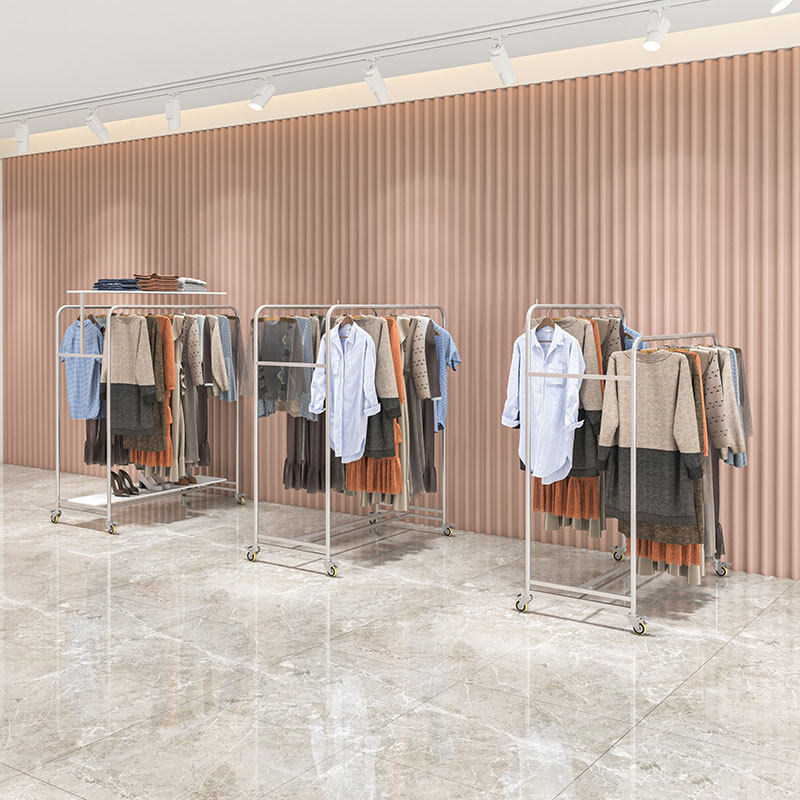 服装店双排中岛展示架童装不锈钢双杠带轮子双层女装店铺中间货架