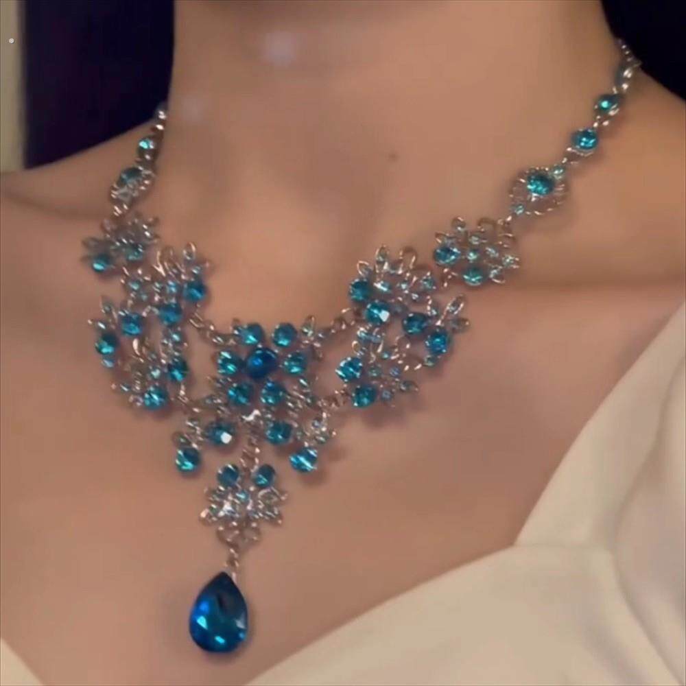 超闪蓝色水滴锆石项链套装女高级感晚宴服配饰锁骨链潮