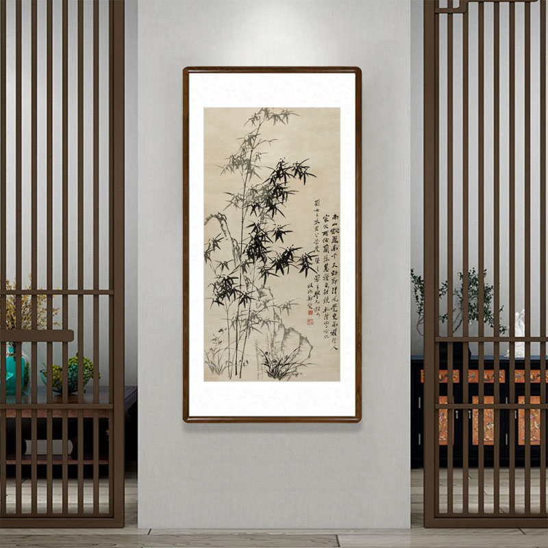 网红郑板桥竹石兰蕙图国画水墨画新中式客厅竹子装饰字画玄关竖版
