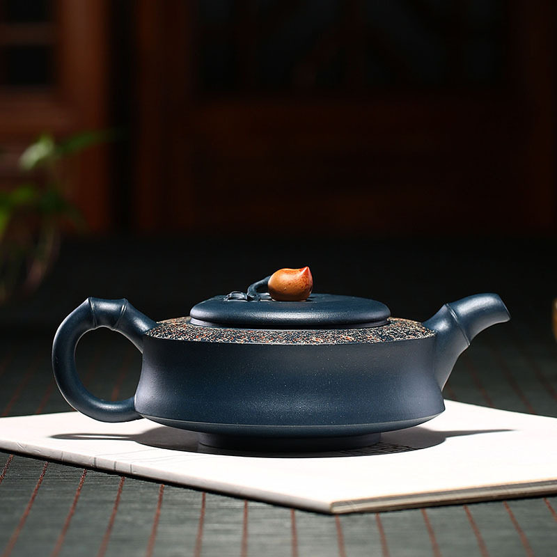 宜兴原矿墨绿泥竹节寿桃紫砂壶纯全手工精品茶壶手绘珍藏天青泥