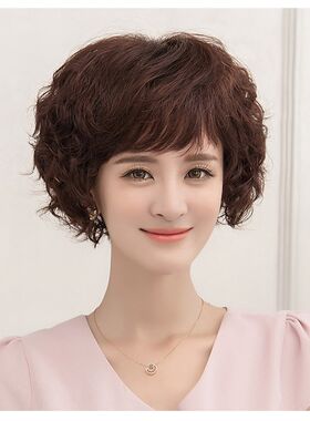 中老年圆脸蓬松妈妈假发女短发短卷发假发自然斜浏海全头套式真发