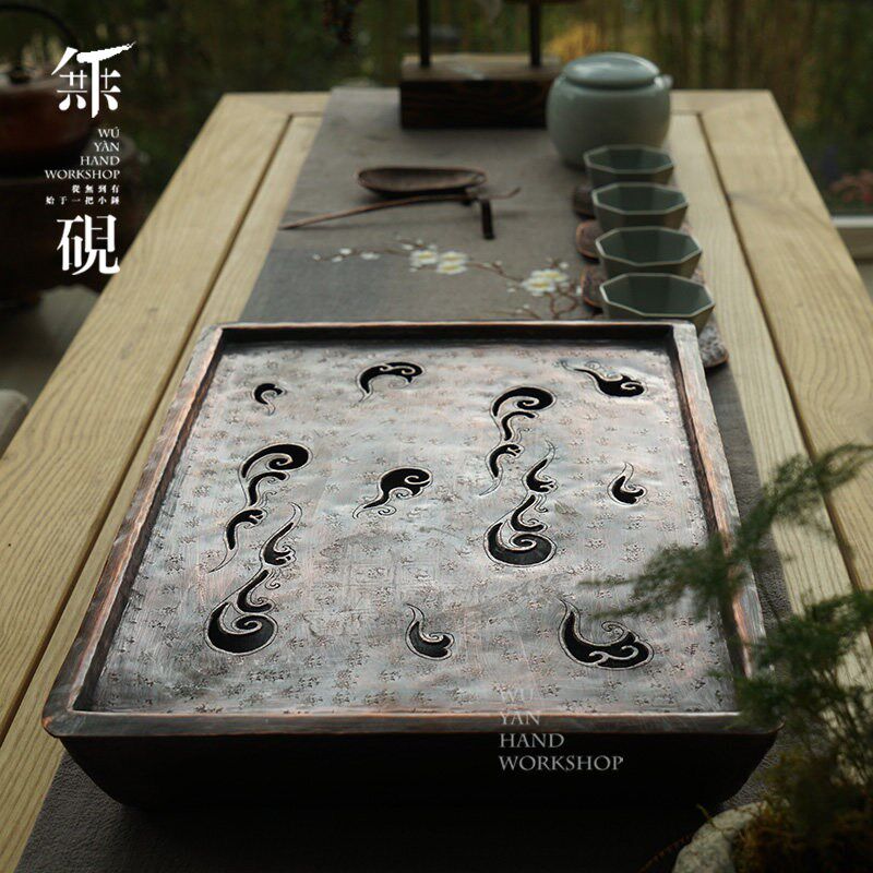无砚 纯手工紫铜茶盘 纯铜茶台长方形茶盘壶承祥云干泡台功夫茶道