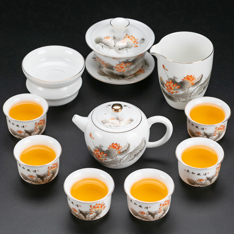 羊脂玉瓷红莲功夫茶具套装描金茶壶盖碗泡茶器整套仿手绘陶瓷中式