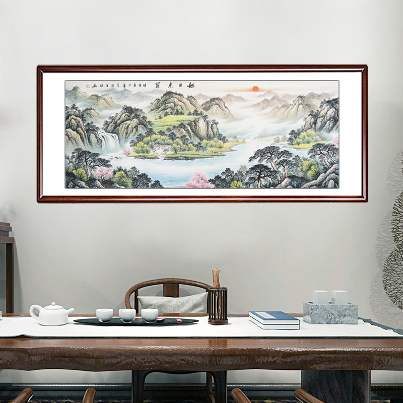 八方聚财山水画客厅字画日出东方挂画旭日东升国画山画手绘聚宝盆