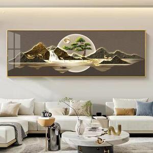流水生财客厅装饰画山水画新中式沙发背景墙挂画旭日东升山水壁画
